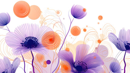 A diagram of blooming flowers with purple streaks and orange circles on a white backdrop. symbolizing the notion of blossoming. 