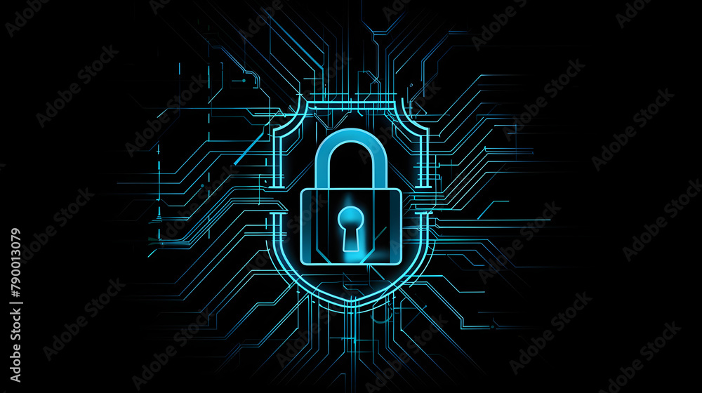 Poster a digital illustration of an icon depicting cyber security. featuring elements like circuit patterns