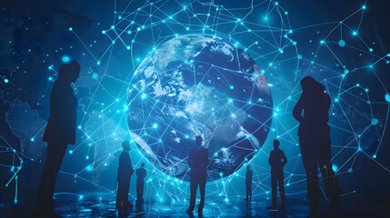 A digital globe surrounded by network connections. with silhouettes of business people standing around it in various poses
