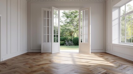 A large open door leads to a large open room with a lot of natural light. The room is empty and has a lot of windows