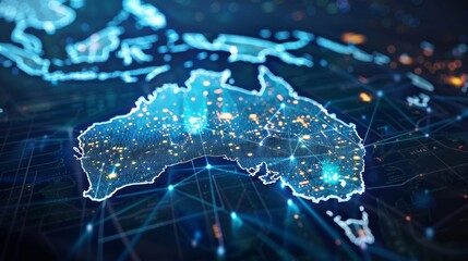 Digital map of Australia, concept of Australia global network and connectivity, data transfer and cyber technology, information exchange and telecommunication - obrazy, fototapety, plakaty