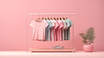 A pink background with a clothing rack with two shirts and a pair of pants on it.

