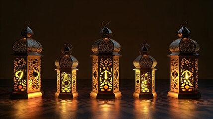 Set of golden arabic lanterns with glass patterns and burning candles, 3d render