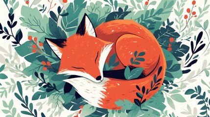 Fototapeta premium An adorable little fox with a fluffy tail is depicted in a forest setting surrounded by a delicate pattern of stylized green branches and leaves symbolizing the trees that encircle the crea