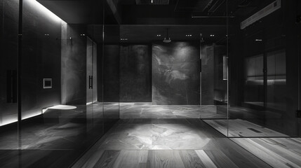 Monochrome photo showcases a wooden flooring shower