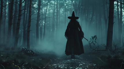 Mysterious witch walks in a dark forest