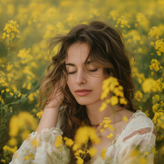 Woman Embracing the Beauty of Spring in a Field of Yellow Flowers