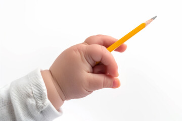 A close-up photo showcases a tiny Asian hand gripping a short white pencil, hinting at artistic beginnings. White background isolates the subject.