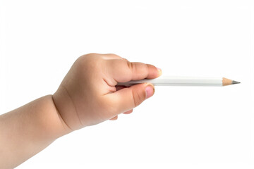 An adorable Asian baby's hand, holding a stubby white pencil, takes center stage against a white backdrop in this close-up photograph.