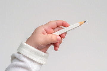 A close-up photo captures a small Asian infant's hand clutching a short white pencil, isolated on a clean white background.
