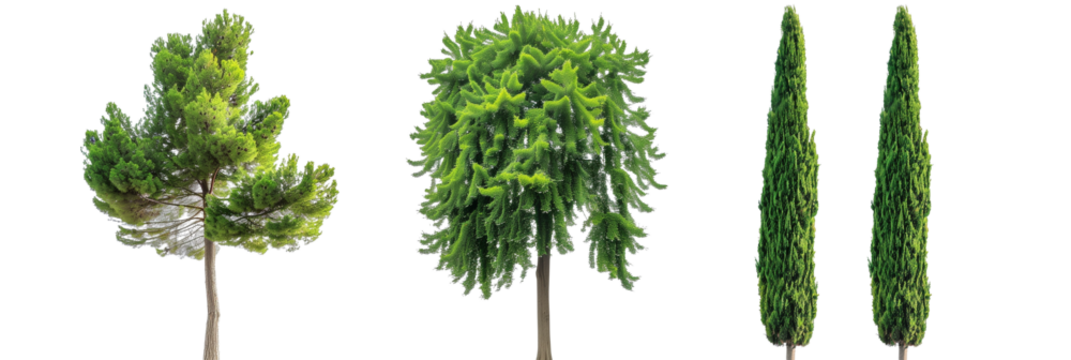 set of cypress trees, tall and slender, isolated on transparent background