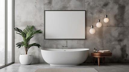 Frame mockup, poster mockup frame on bathroom wall, poster mockup, interior mockup with house background. Modern soft minimalism and boho interior design. 3D rendering style, modern luxury