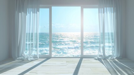 A large window overlooking the ocean with white curtains. The curtains are drawn, and the room is empty. Scene is calm and peaceful, as the view of the ocean is serene and beautiful
