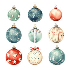 Set of Christmas baubles in watercolor style сreated with Generative Ai