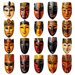 A collection of hand-carved wooden masks Transparent Background Images 