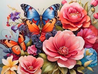 Colorful beautiful flowers painted on wall paint design 