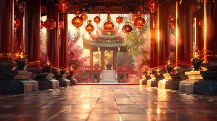 Fototapeta na wymiar banner background Theravada New Year Day theme, and wide copy space, A serene and peaceful image of a Buddhist temple with lanterns and decorations for the New Year celebration, for banner, 