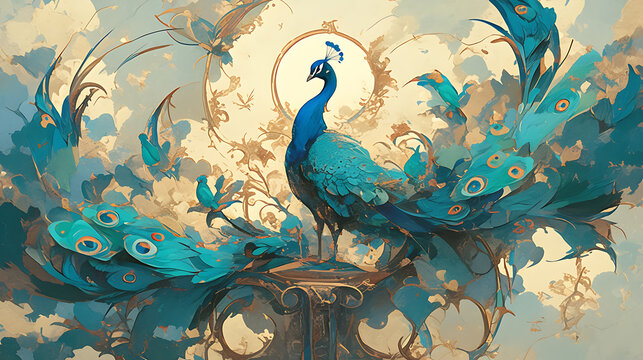 Oil painting wallpaper of peacock, the beauty of its beautiful tail