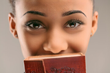 Intriguing glance over embossed diary sparks curiosity