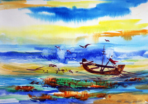 Original art watercolor painting phuket thailand Beach	