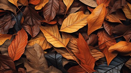 A detailed image of a pile of assorted autumn leaves, showcasing a variety of shapes, colors, and stages of decay