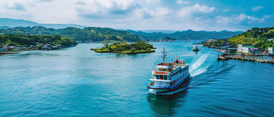 A ferry glides across a peaceful harbor, surrounded by scenic beauty and calm waters.