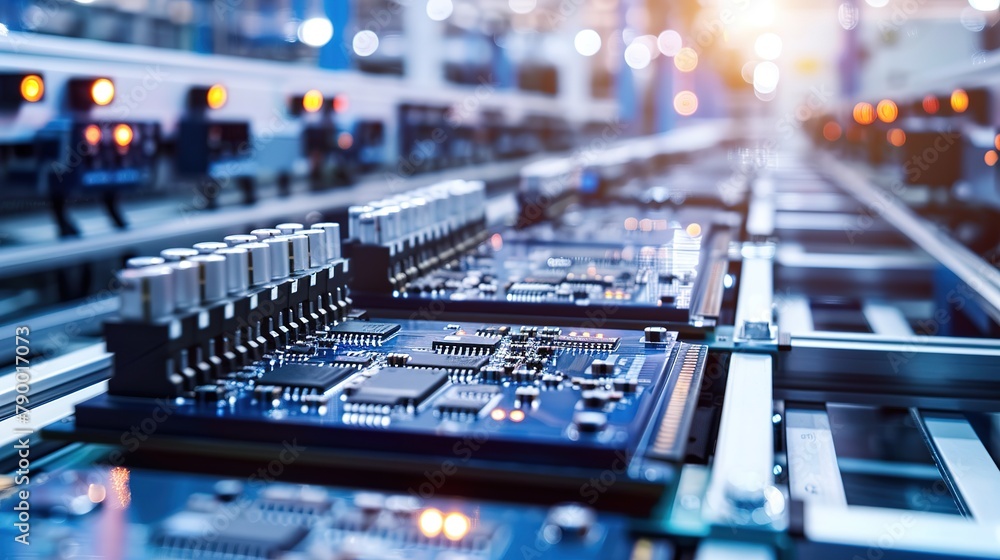 Poster circuit board with advanced microchip on assembly line. electronics manufacturing facility or factor