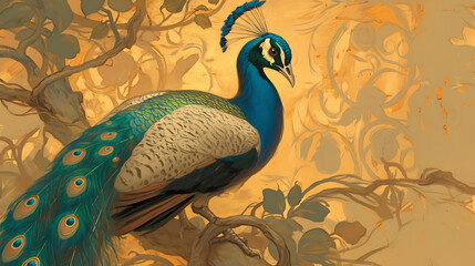 Oil painting wallpaper of peacock, the beauty of its beautiful tail - obrazy, fototapety, plakaty