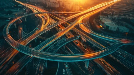 A highway interchange at sunset, with cars merging onto different lanes as they continue their journeys to various destinations.