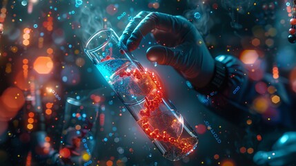 a scientist holding medical testing tubes or vials filled with pharmaceutical research samples, including blood cells and a virus cure. Illustrate the use of DNA genome sequencing biotechnology.