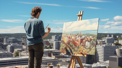 Un artiste peintre capture un paysage urbain depuis le toit d'un immeuble élevé. Face à une vue panoramique de la ville, il travaille sur une grande toile posée sur un chevalet. L'artiste, concentré,  - obrazy, fototapety, plakaty