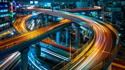 A highway overpass at night, illuminated by the glow of city lights, as cars streak by below, creating a dynamic urban scene.