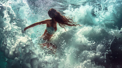 Woman with nice body dancing under water. Underwater
