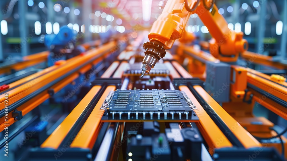 Poster circuit board with advanced microchip on assembly line. electronics manufacturing facility or factor