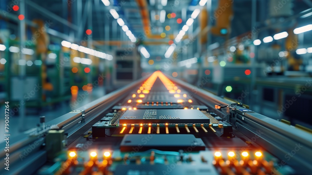 Poster circuit board with advanced microchip on assembly line. electronics manufacturing facility or factor