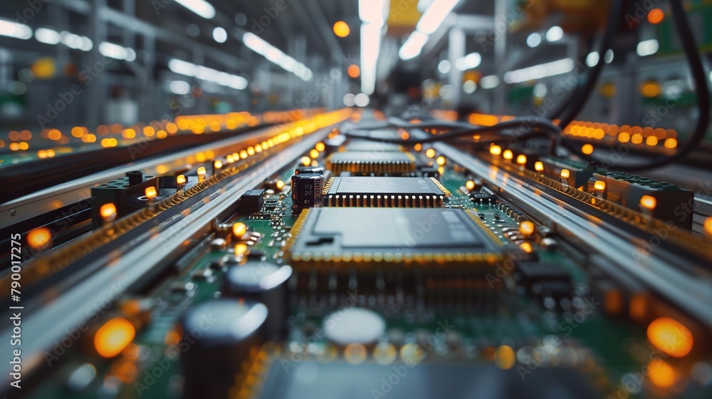 Poster circuit board with advanced microchip on assembly line. electronics manufacturing facility or factor