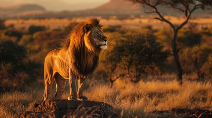 A male lion surveying his territory from a high vantage point, his mane flowing in the breeze as he guards his pride in the wilderness. - obrazy, fototapety, plakaty
