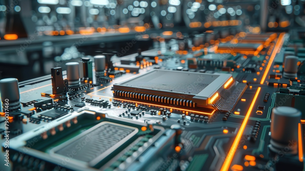 Poster circuit board with advanced microchip on assembly line. electronics manufacturing facility or factor