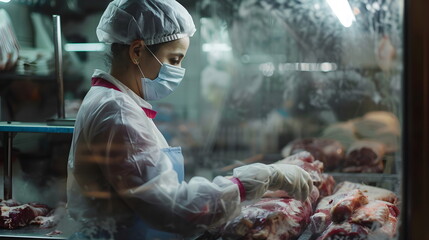 Woman in a meat industry handling raw meat in safety suit and a mask