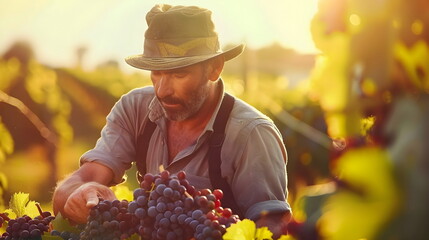 Portrait of an elder man harvesting grapes at a vineyard