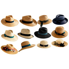 A collection of handwoven straw hats Transparent Background Images 