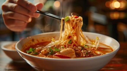 A person slurping noodles from a bowl of Tom Yum chicken soup, relishing the combination of spicy broth, tender chicken, - obrazy, fototapety, plakaty