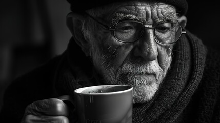 old italian man During World War II, drinking coffee on old house background