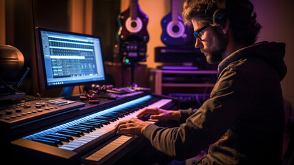 Un musicien travaille sur son piano et son ordinateur.