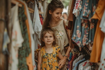 Mom and her daughter standing in a clothing shop between racks of clothing