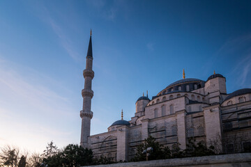 View of the minaret of the blue mosque in Istanbul at sunset