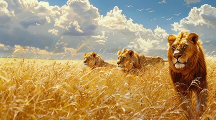 A pride of lions roaming their natural habitat in the African savannah, their golden coats blending seamlessly with the tall grasses. - obrazy, fototapety, plakaty