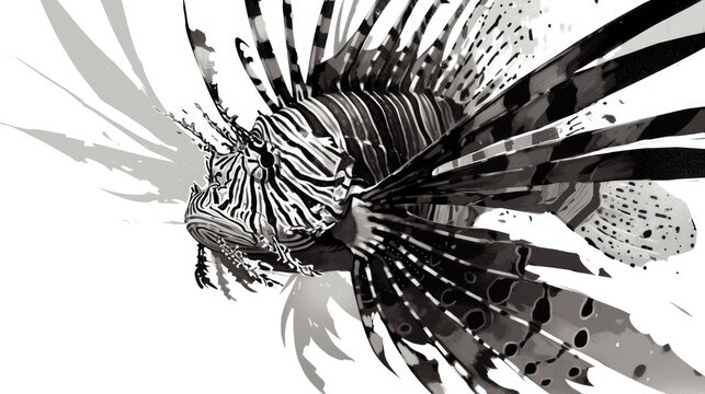black and white lionfish swimming on white clip art preview