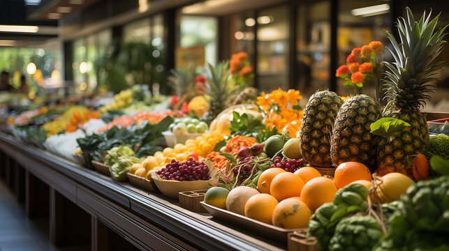 Pr&eacute;sentation de fruits exotique dans un march&eacute;. 