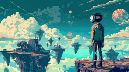 Produce a pixel art masterpiece showcasing a surreal blend of virtual reality headsets and floating dream-like landscapes, with unexpected camera angles that evoke a sense of wonder and discovery, - obrazy, fototapety, plakaty